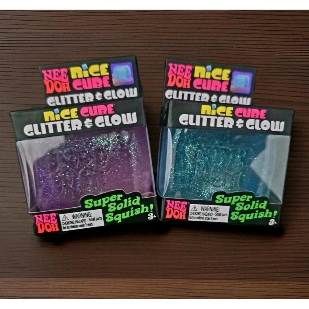 2x Nee Doh Nice Cube Glitter & Glow Super Solid Squish NIB Blue/ Purple / Pink